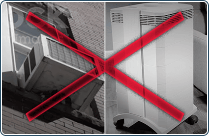 Crossed out image of window ac unit and floor ac unit